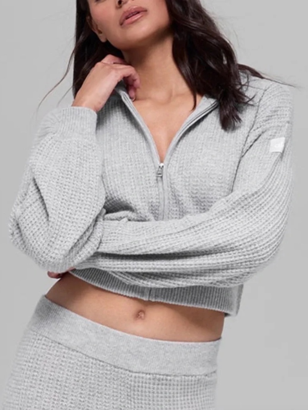 Alo Cashmere Plush Waffle Full Zip Hoodie - Athletic Heather Grey M